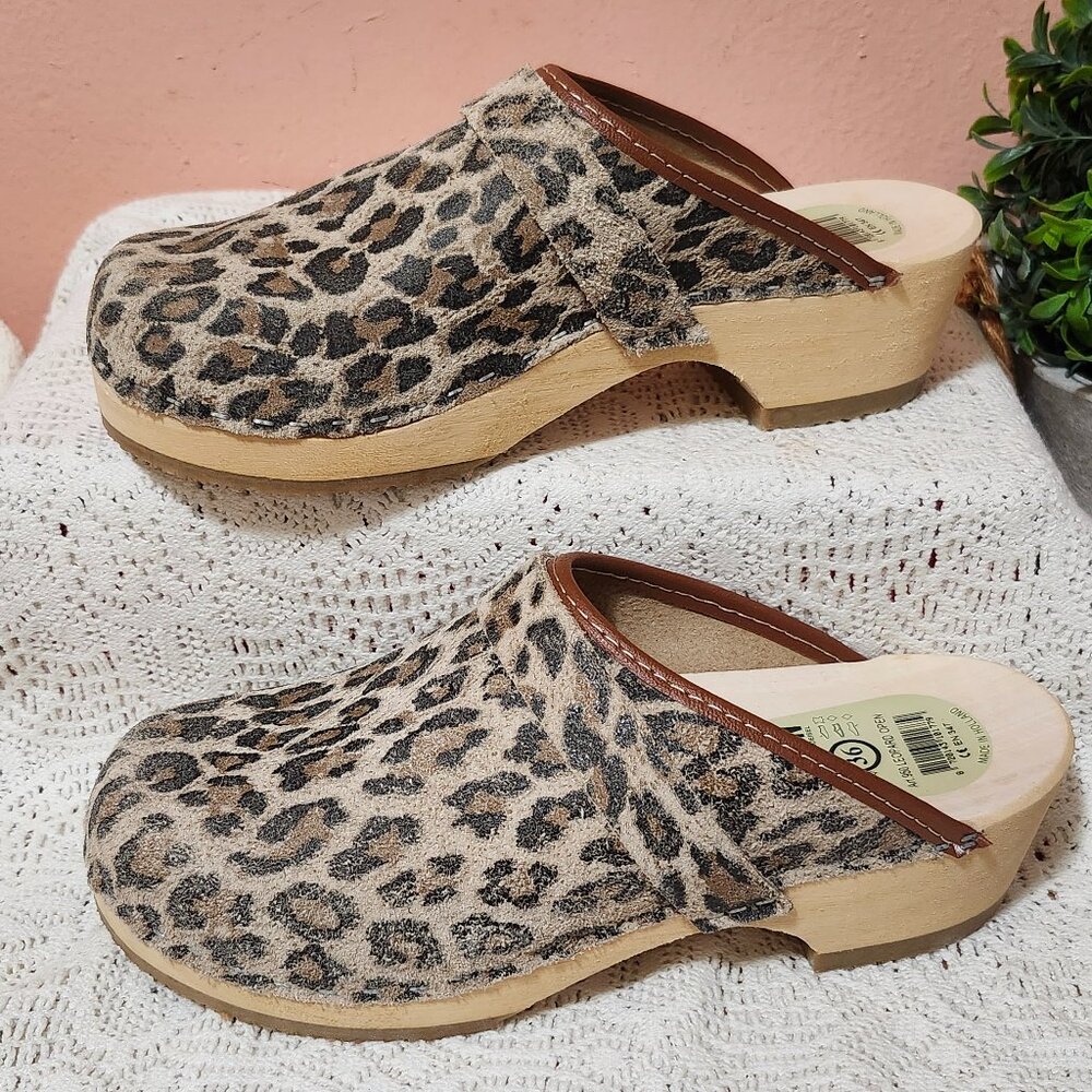 SIMSON Women's Holland Clog Wood Leather Leopard Print Orthopedic Size 36